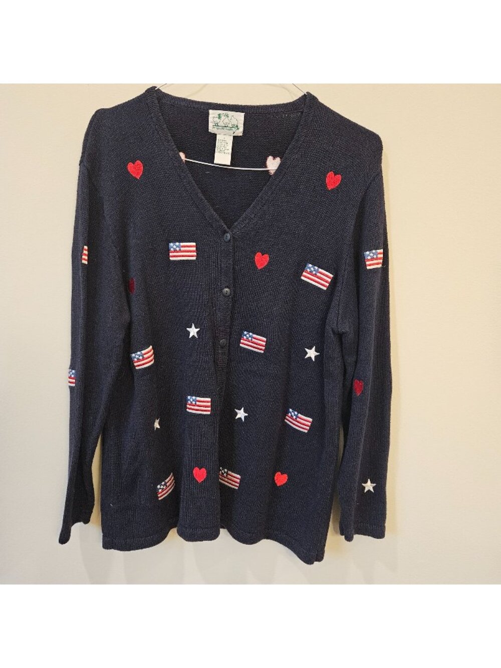 The Quacker Factory Patriotic Womens Sweater American Flags & Hearts size Large